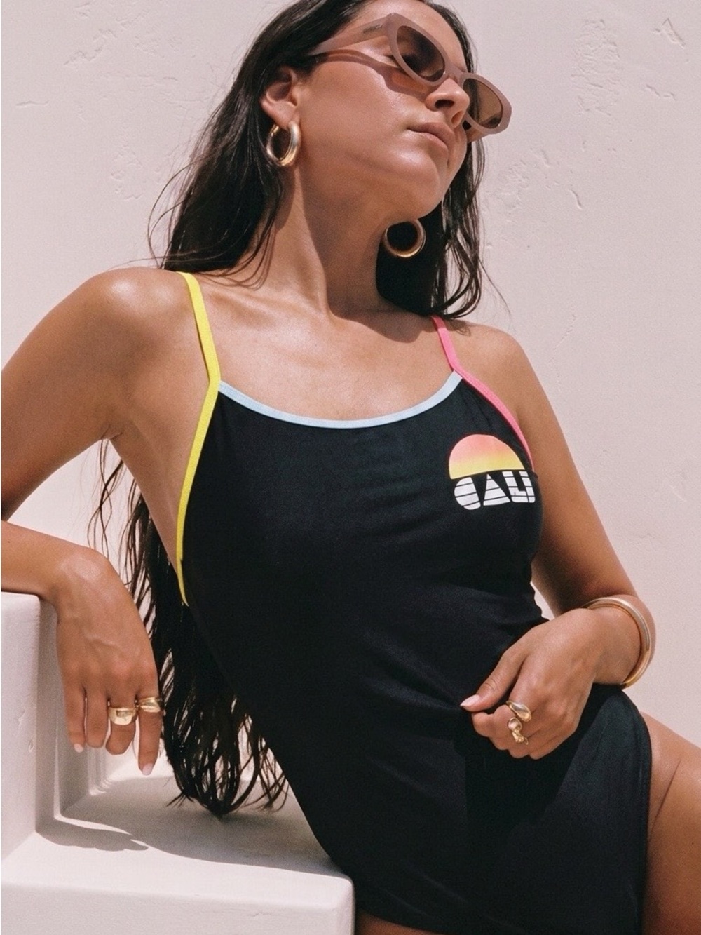 Black Cali Logo One-Piece Swimsuit with Neon Trim